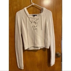 Hooded cropped sweater with tie-up front